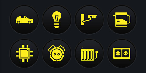 Set Processor with microcircuits CPU, Electric kettle, Robot vacuum cleaner, Heating radiator, Security camera, Light bulb, Electrical outlet and Car icon. Vector