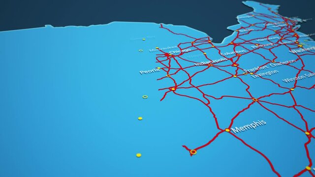 Light blue map of USA with cities and car roads on a dark blue background. 4K Animation with alpha channel