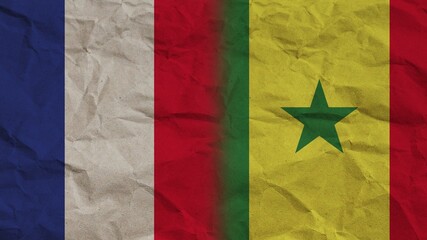 Senegal and France Flags Together, Crumpled Paper Effect Background 3D Illustration