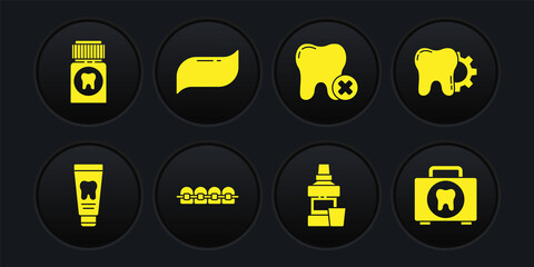 Set Tube of toothpaste, Tooth treatment procedure, Teeth with braces, Mouthwash bottle, caries, Toothpaste, First aid kit and Painkiller tablet icon. Vector