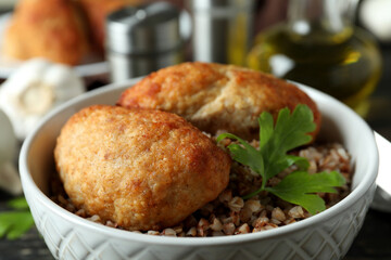 Concept of tasty food with cutlets, close up