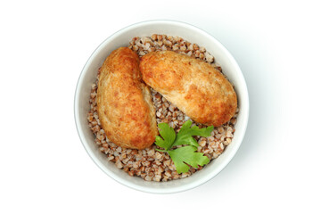 Bowl with cutlets, buckwheat and parsley isolated on white background