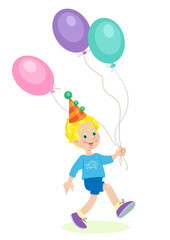 Happy boy runs with colorful balloons in his hands. In cartoon style. Isolated on white background. Vector flat illustration.