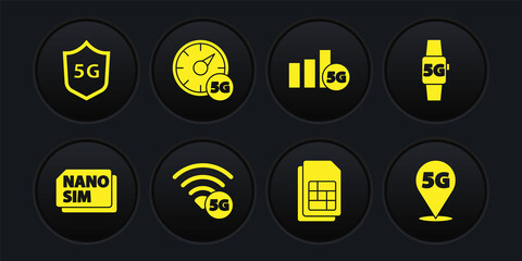 Set Nano Sim Card, Smart watch 5G network, card, Digital speed meter, Location and Protective shield icon. Vector