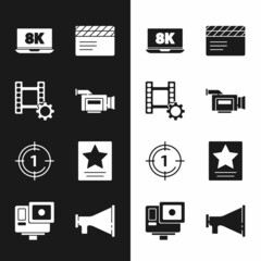 Set Cinema camera, Play Video, Laptop with 8k, Movie clapper, Old film movie countdown frame, Hollywood walk of fame star, Megaphone and Action extreme icon. Vector