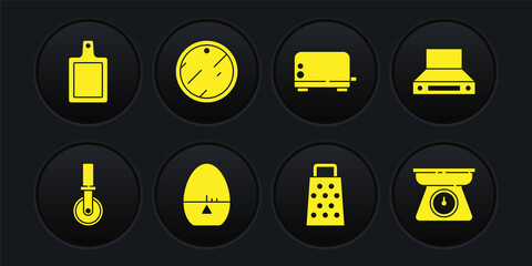 Set Pizza knife, Kitchen extractor fan, timer, Grater, Toaster, Cutting board, Scales and icon. Vector