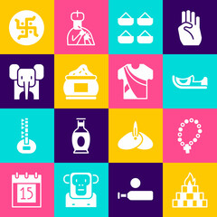 Naklejka premium Set Yagna, Rosary beads religion, Indian shoes, spice, Elephant, Hindu swastika and man dress icon. Vector