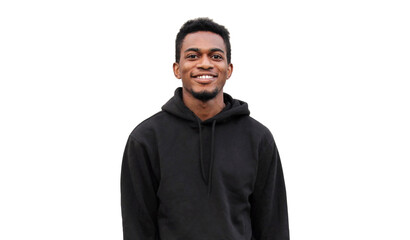 Portrait of modern smiling young african man looking at camera wearing a black hoodie isolated on...