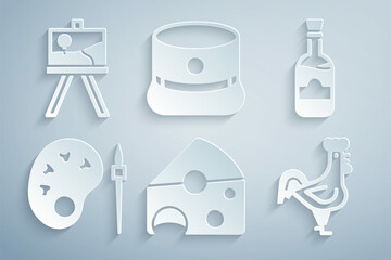 Set Cheese, Bottles of wine, Paint brush with palette, French rooster, Kepi and Easel or painting art boards icon. Vector