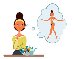 A happy African-American woman eats a salad and dreams of a slim body. Conceptual vector illustration about a healthy lifestyle and healthy nutrition