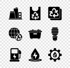 Set Factory, Plastic bag with recycle, Recycle, Electric car charging station, Water energy, Leaf plant gear machine, Planet earth and recycling and Trash can icon. Vector