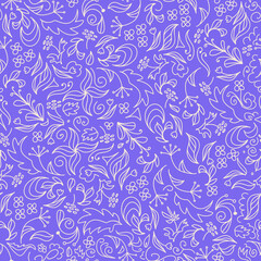 Bright floral summer seamless doodle pattern. In trendy pastel colors. Field herbs and flowers on a purple background. For dresses, wallpaper, printing on fabric, wrapping