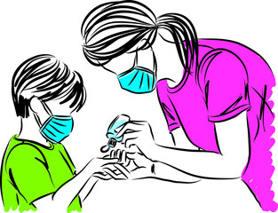 mother putting hand sanitizer gel to little boy wearing masks vector illustration