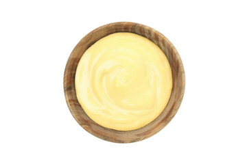 Bowl with cheese sauce isolated on white background