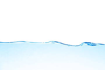 A photograph of a moving water wave with a small amount of bubbles. Where the water is blue and the backdrop is white