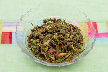 Fototapeta na wymiar Dried Radish Leaves with soy bean sauce which is called Siraeginamul