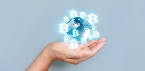 Hands showing bitcoin icon as virtual money digital