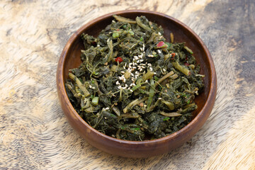 Fototapeta na wymiar Dried Radish Leaves with soy bean sauce which is called Siraeginamul