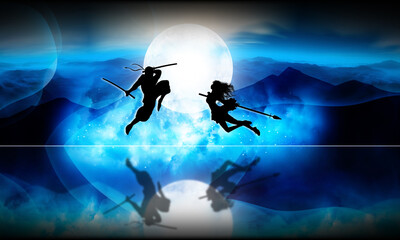 Anime fighting scene silhouette art - obrazy, fototapety, plakaty