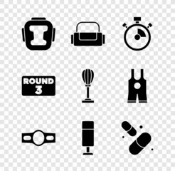 Set Boxing helmet, Sport bag, Stopwatch, belt, Punching, Vitamin pill, ring board and icon. Vector