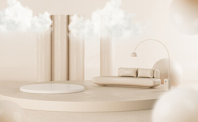 Minimal scene with clouds, podium and abstract background. Pastel cream and beige scene. Trendy 3d render for social media banners, promotion, cosmetic product show. Geometric shapes interior.
