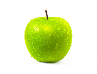 An image close-up isolated apple green full fresh is fruit or food for health on white background wet dew drop water, relying on harvesting produce from the garden, with clipping path.