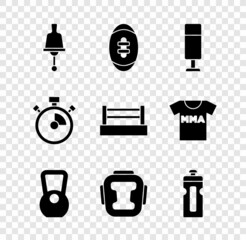 Set Ringing bell, American Football ball, Punching bag, Kettlebell, Boxing helmet, Fitness shaker, Stopwatch and ring icon. Vector