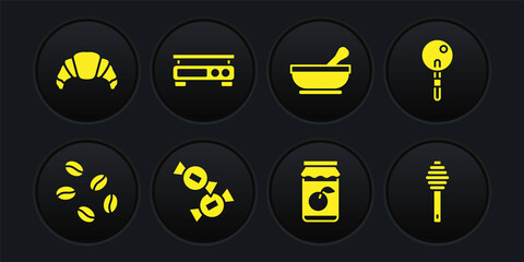 Set Coffee beans, Lollipop, Candy, Jam jar, Mortar pestle, Electronic scales, Honey dipper stick and Croissant icon. Vector