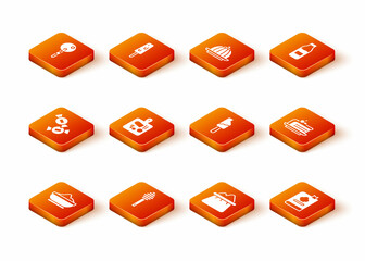 Set Flour bowl, Honey dipper stick, Candy, Cutting board, Bag of flour, Ice cream, Cookbook and Piece cake icon. Vector