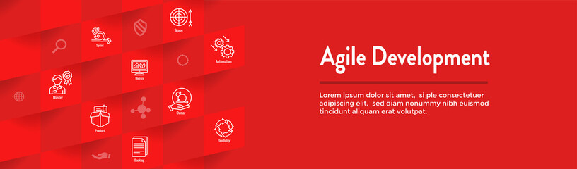 Agile Scrum Process and development icon set web header banner - obrazy, fototapety, plakaty