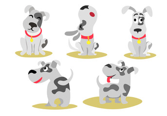 Vector set of funny little dogs, puppy, animal, character isolated on a white background. Icons. The dog is sitting, lying, holding a bone, howling, barking, wagging his tail. Normal daily activities.