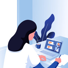 Illustration vector graphic of a girl or woman having a conference call with his business team online, telecommuting, remote work and business communications concept flat design