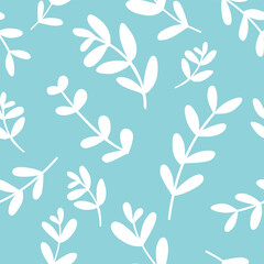 Leaves and branches. Seamless pattern with hand-drawn plants. Botanical seasonal background. Modern and original textiles, wrapping paper, wall design. Vector. Simple minimalist graphics.