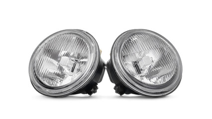 New two fog headlights isolated on white background. Automotive parts.