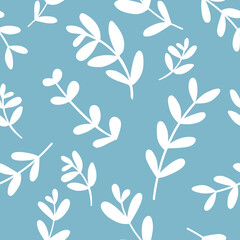 Leaves and branches. Seamless pattern with hand-drawn plants. Botanical seasonal background. Modern and original textiles, wrapping paper, wall design. Simple minimalist graphics.