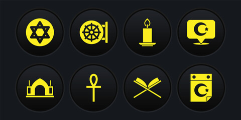 Set Hindu spiritual temple, Star and crescent, Cross ankh, Holy book of Koran, Burning candle, Dharma wheel, and David icon. Vector