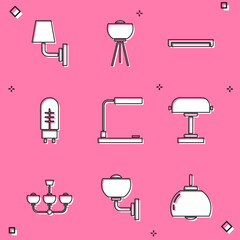Set Wall lamp or sconce, Floor, Fluorescent, Light emitting diode, Table, Chandelier and icon. Vector