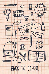 Back to school outline doodle vector illustration poster