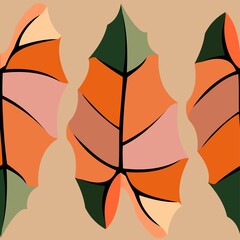 retro themed colorful leaf shaped background design, seamless pattern for fabric, wall background