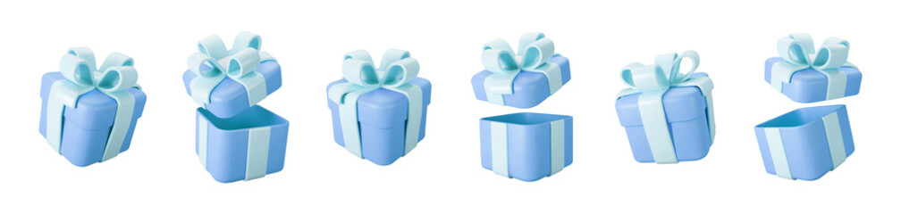 3d blue gift boxes open and closed set with pastel ribbon bow isolated on a white background. 3d render flying modern holiday surprise box. Realistic vector icon for birthday or wedding banners © janevasileva