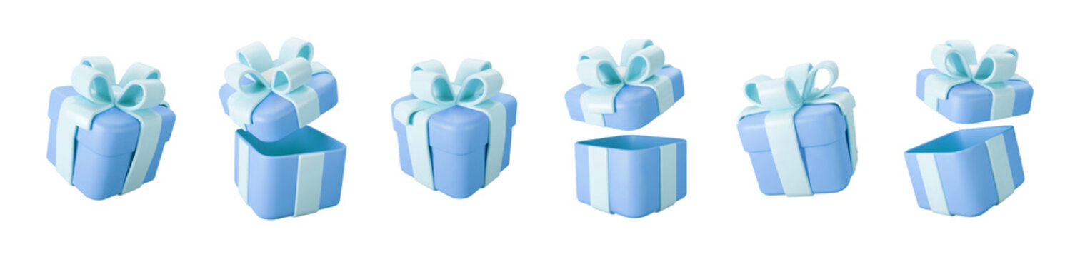 3d blue gift boxes open and closed set with pastel ribbon bow isolated on a white background. 3d render flying modern holiday surprise box. Realistic vector icon for birthday or wedding banners