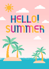 夏のバカンスをイメージしたヤシの木と海のイラスト