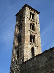 UNESCO World Heritage.
First Romanesque church of Santa Maria in the village of Taüll. View of the tower. (12 century). Valley of Boi. Spain. 