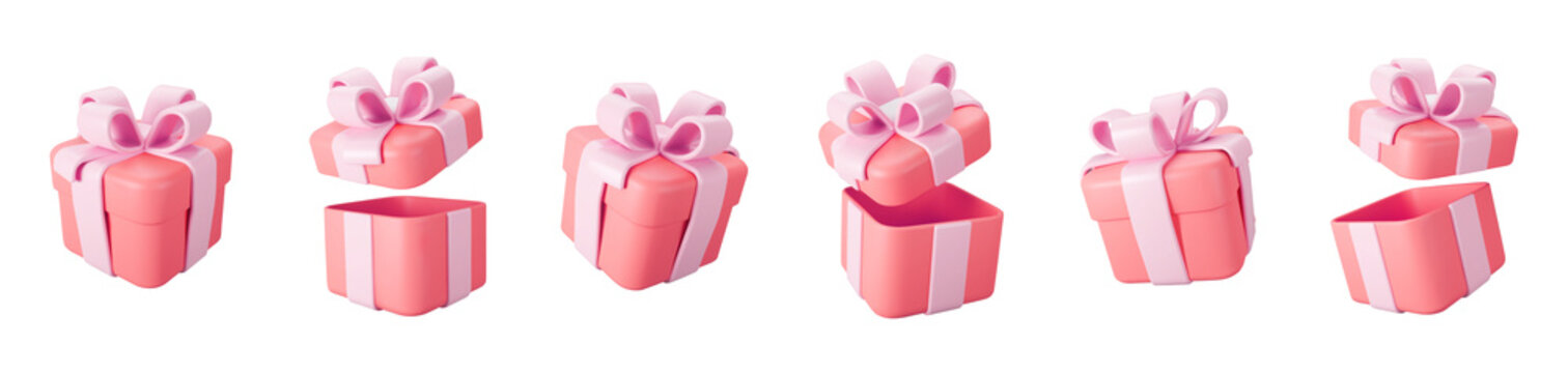 3d red gift boxes open and closed set with pastel pink ribbon bow isolated on a white background. 3d render flying modern holiday surprise box. Realistic vector icon for birthday or wedding banners