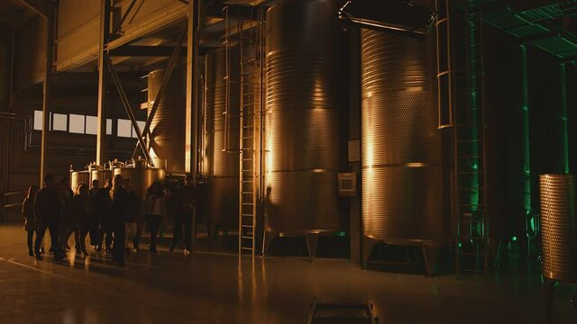 Group of tourists visited winemaker or alcohol production factory . Female guide showing big steel barrels . Fermentation of wine , brandy or whiskey . People in winery . Huge conveyors . Slow motion