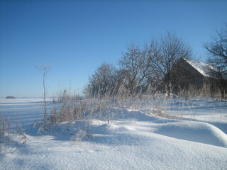 An ordinary Russian village in winter. Houses, sheds, trees, vegetable gardens are covered with snow drifts. The snow is silvered in the sun.Clear blue sky. Cold.