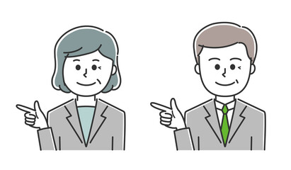 Man and woman wearing a suit directing someone to somewhere. Vector illustration isolated on white background.