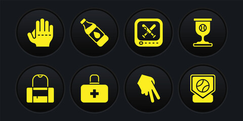 Fototapeta premium Set Sport bag, Award cup with baseball ball, First aid kit, Baseball glove, Monitor game, Bottle of water, and icon. Vector