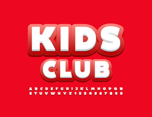 Vector modern emblem Kids Club. Stylish Red and White Font. Bright Alphabet Letters and Numbers set