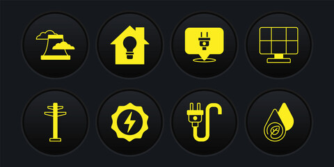 Set Electric tower, Solar energy panel, Lightning bolt, plug, Smart house and light bulb, Water and Nuclear power plant icon. Vector